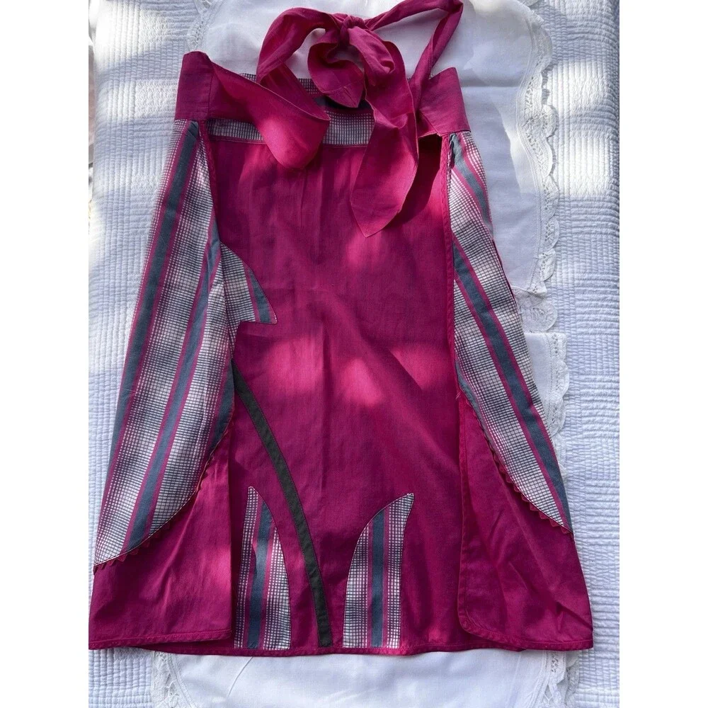 1960s Handmade Reversible Hostess Apron Pink Heart Pocket Tulip Retro Vintage